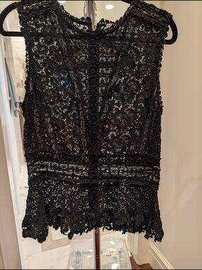 Rebecca Taylor Black Lace Sleeveless Top with Peplum Detail